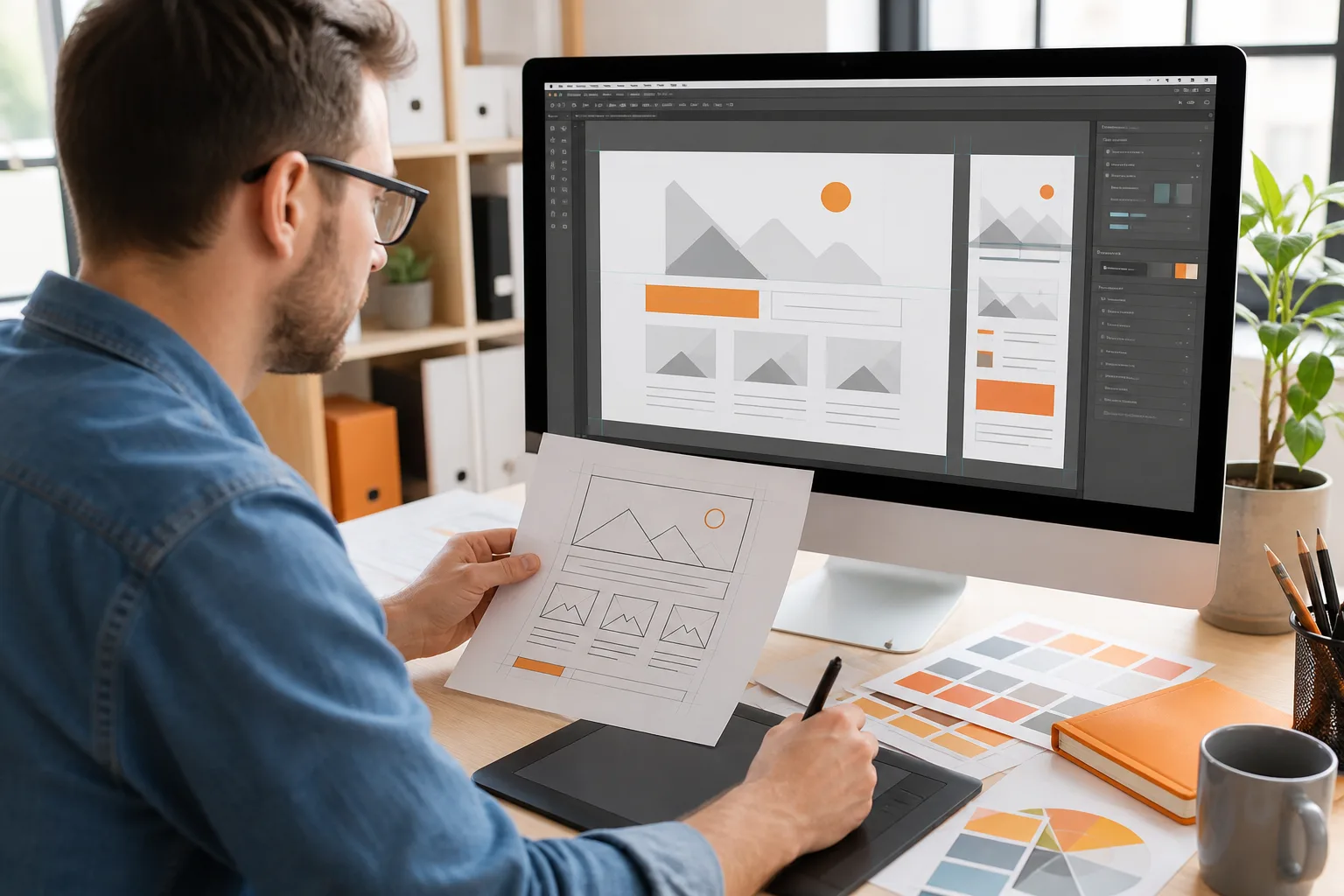 Diseñador convierte un boceto en una página web adaptable con una paleta visual.