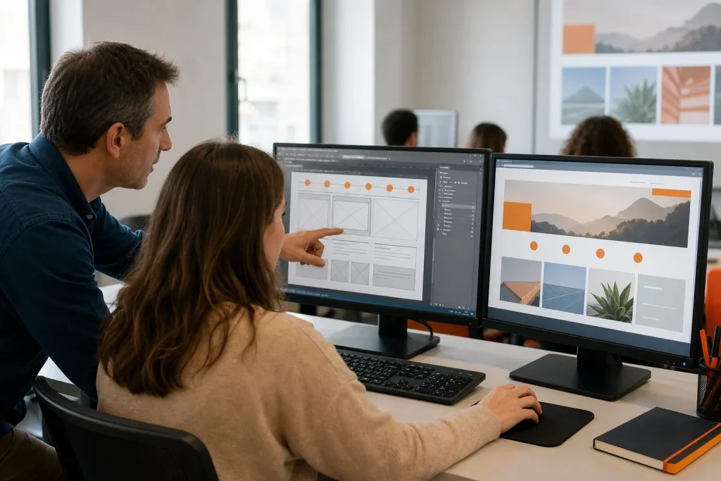 Formador y alumna construyen y previsualizan una página web en un editor visual.