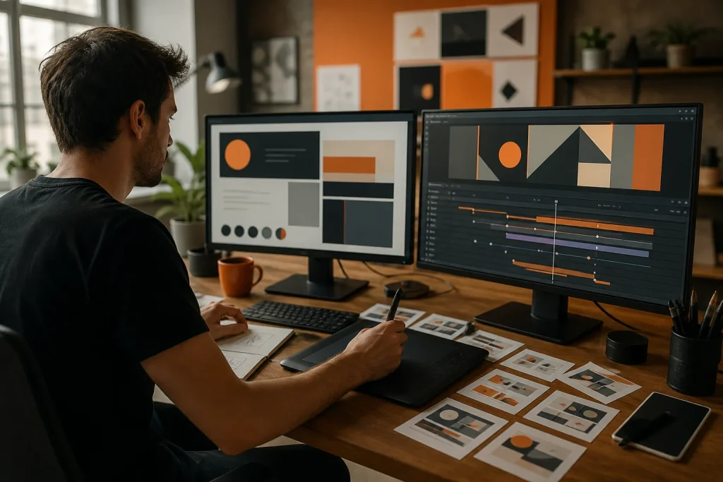 Diseñador multimedia coordina una interfaz web y una animación por capas.