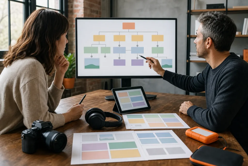 Dos diseñadores instruccionales estructuran módulos multimedia para un curso en línea.