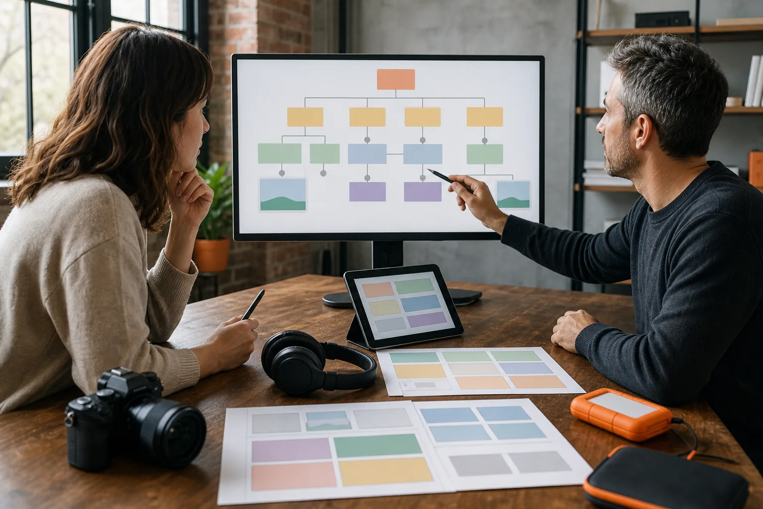 Dos diseñadores instruccionales estructuran módulos multimedia para un curso en línea.