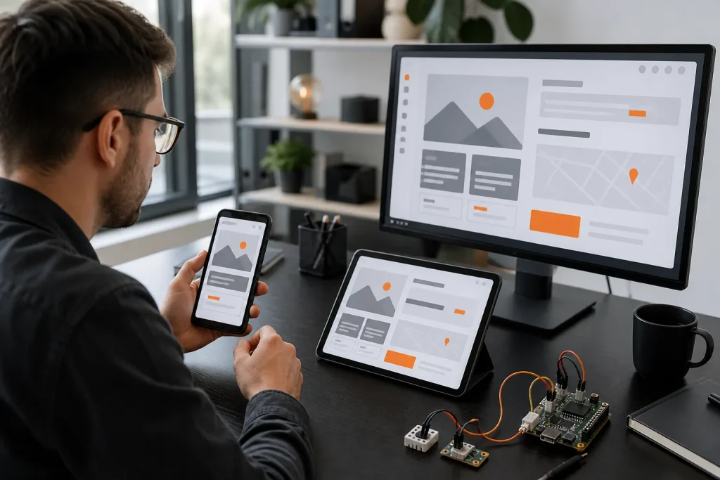 Desarrollador comprueba una aplicación adaptable en móvil, tableta y ordenador.