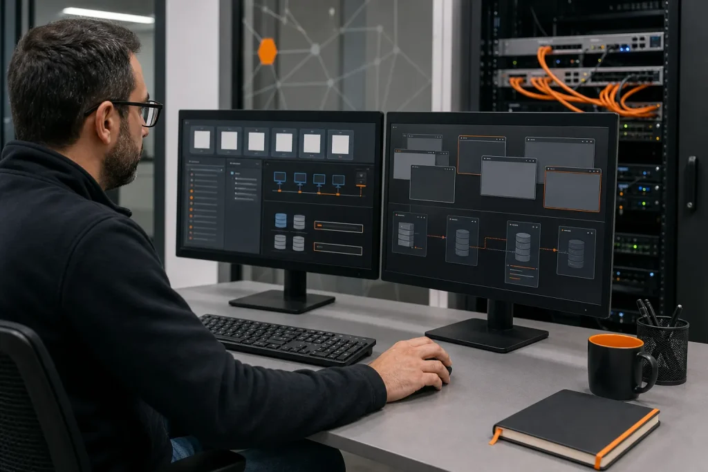 Administrador gestiona escritorios, aplicaciones y almacenamiento en una infraestructura virtual.