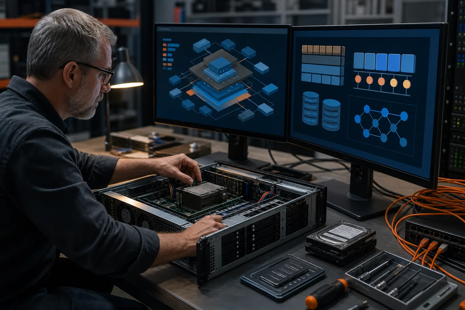 Administrador configura hardware, discos, servicios y paquetes en un servidor Linux.