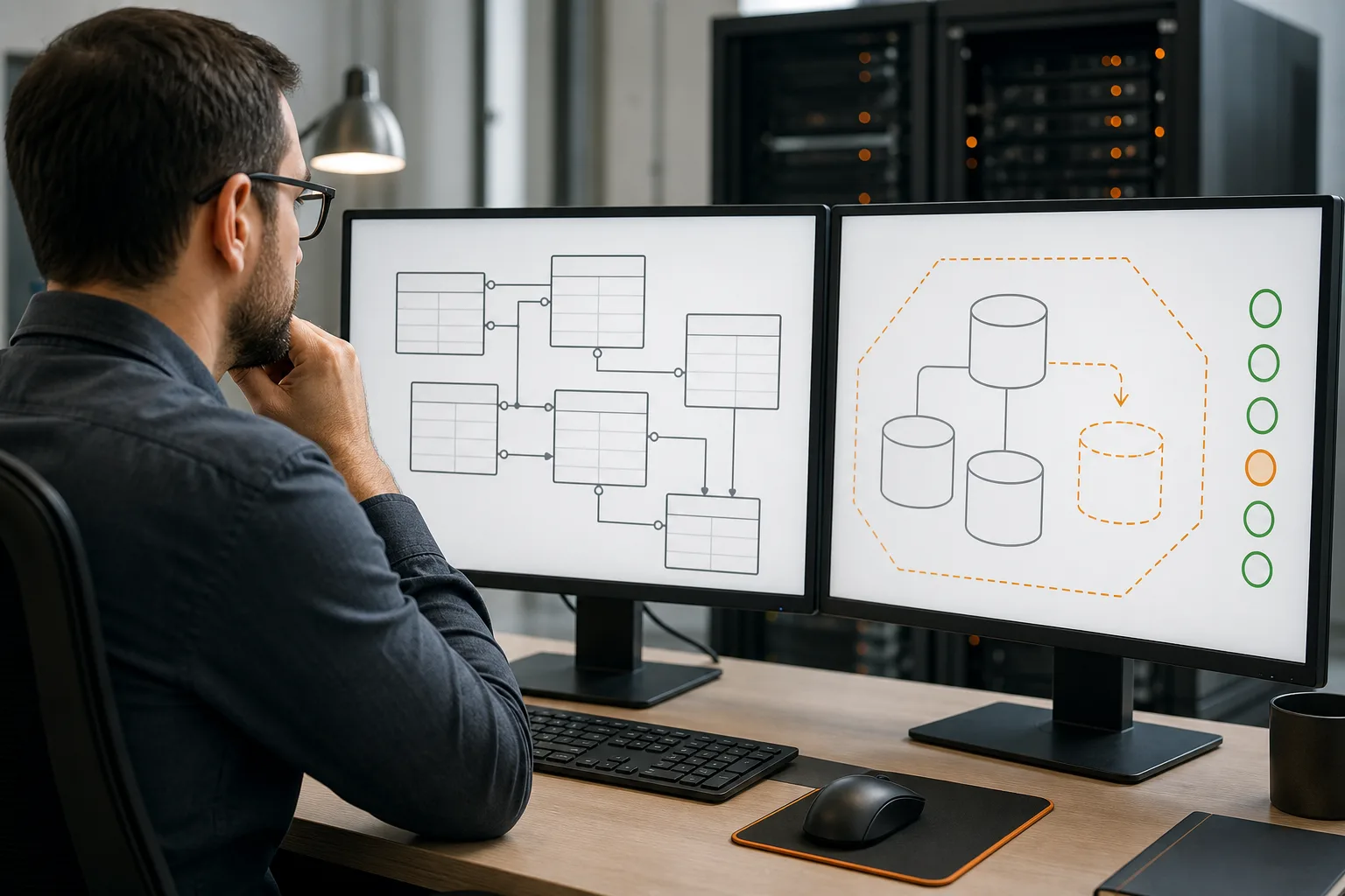 Administrador diseña relaciones, permisos, copias y réplicas de una base de datos.