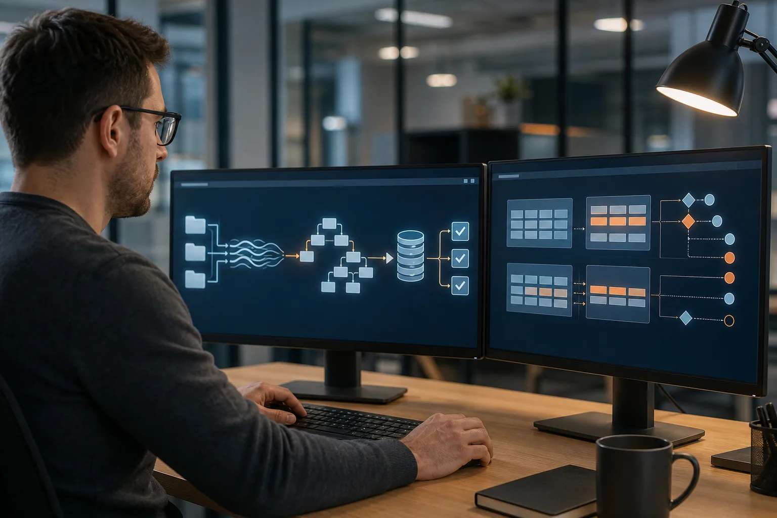 Ingeniero conecta archivos, flujos, estructuras XML y transacciones con una base de datos.