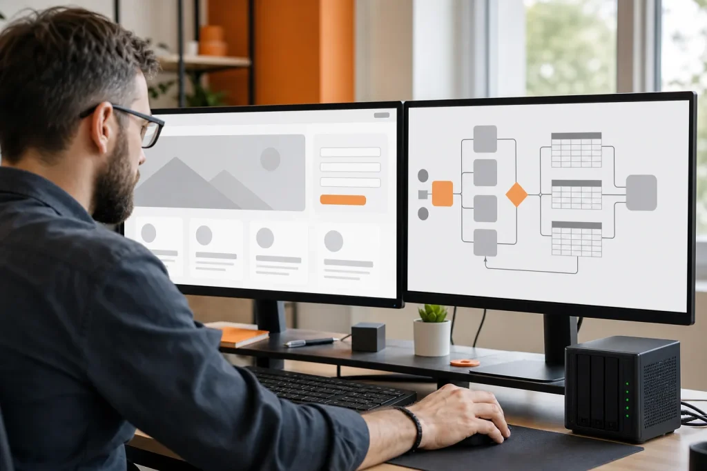 Desarrollador enlaza formularios web con lógica de servidor y una base de datos.