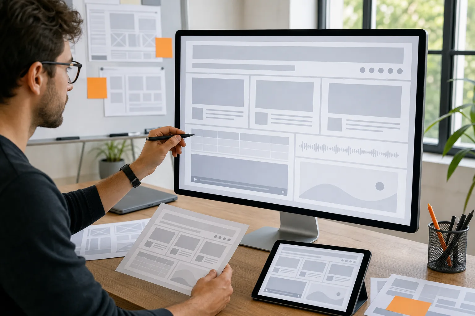 Desarrollador organiza contenidos, tablas y elementos multimedia en una página HTML5.