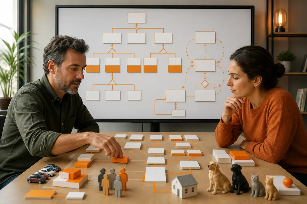 Arquitectos modelan clases, herencia, objetos y patrones mediante componentes reutilizables.