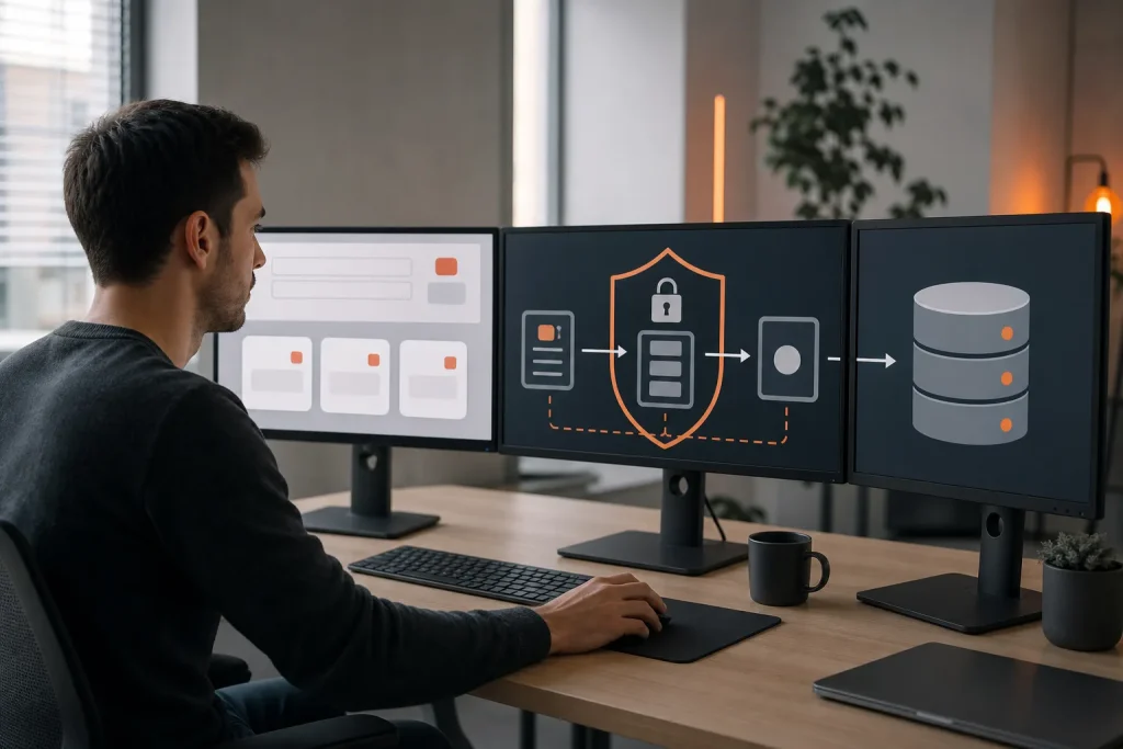 Desarrollador conecta un formulario web con validación, sesión y base de datos segura.