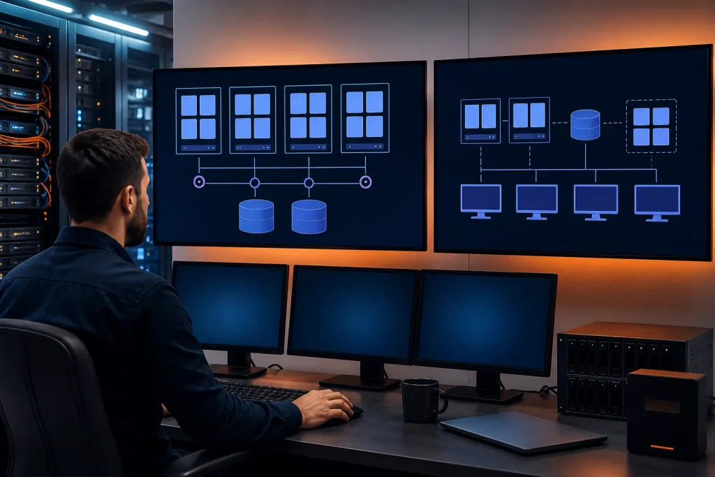 Administrador distribuye máquinas virtuales y escritorios entre hosts, redes y almacenamiento.