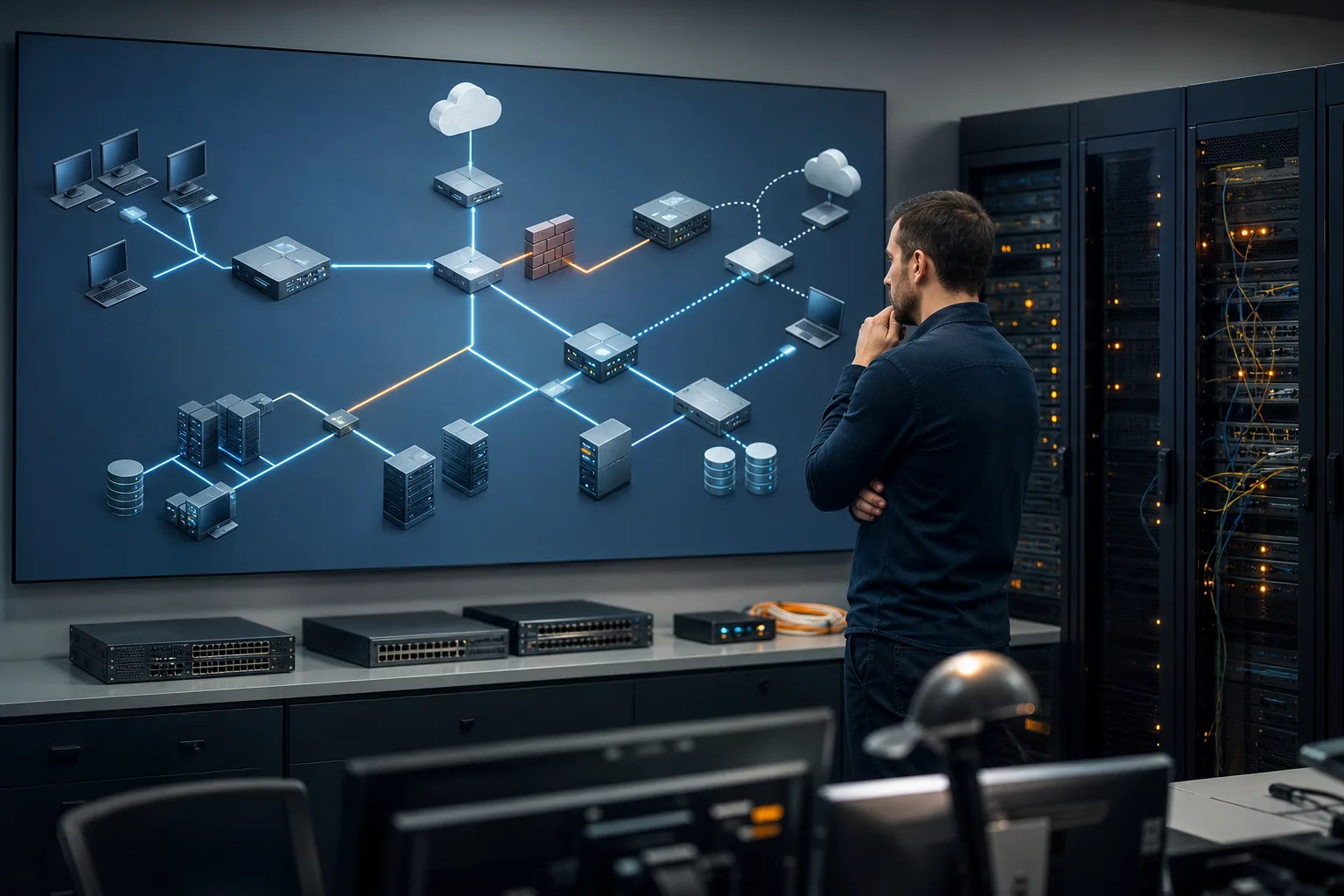 Administrador configura redes, direcciones, acceso remoto y servicios de nombres en servidores.
