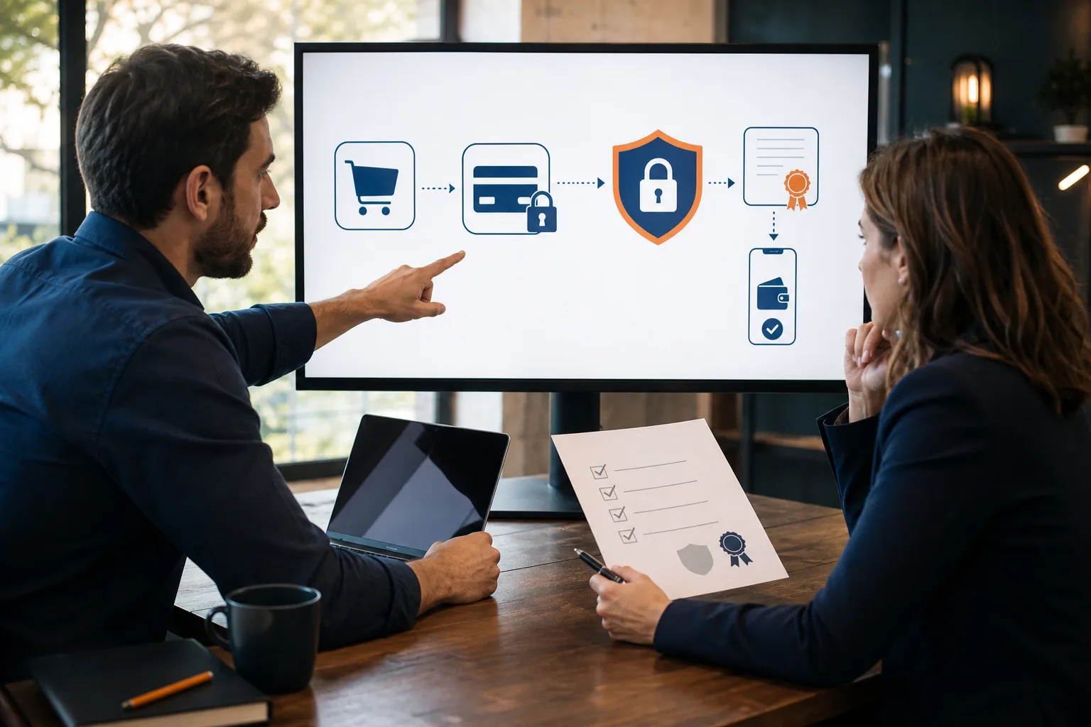 Profesional revisa flujo de compra protegido, pago seguro y certificado digital.