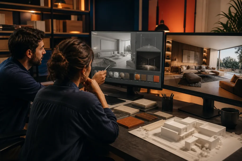 Artistas ajustan modelado, materiales, iluminación y render de un interior arquitectónico.