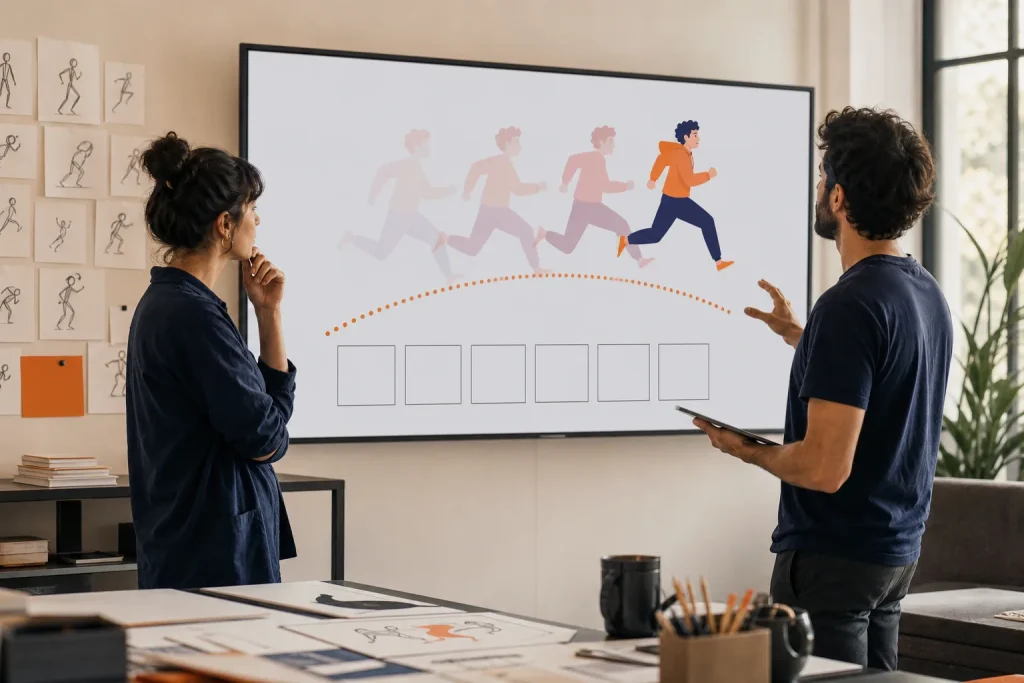 Diseñadores planifican una animación vectorial mediante poses, recorrido y fotogramas.