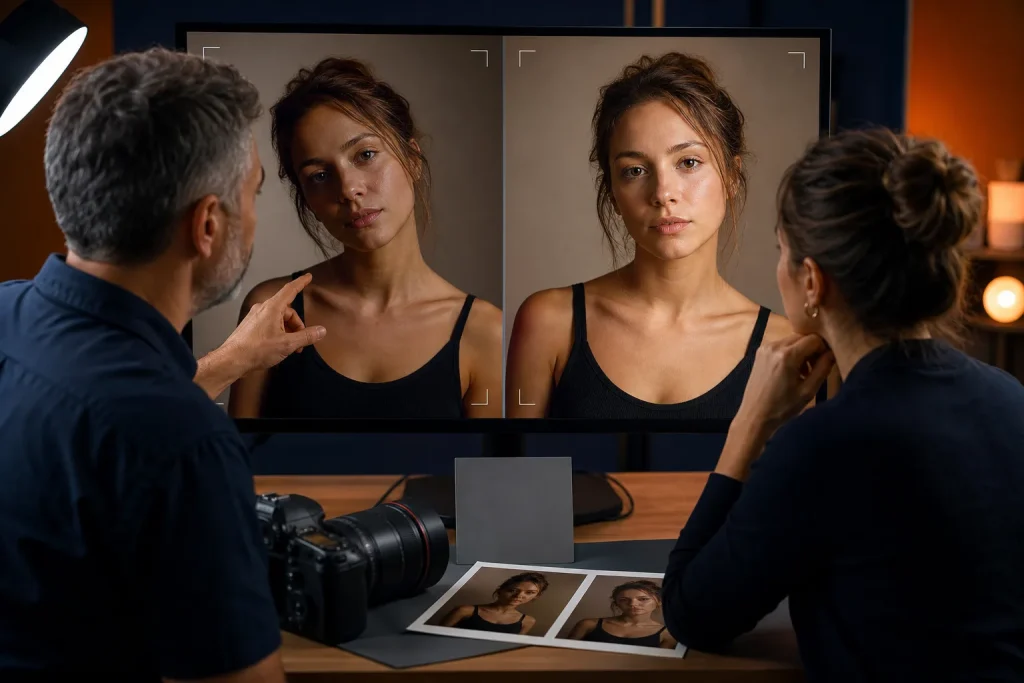 Retocadores comparan un retrato antes y después de corregir luz y encuadre.