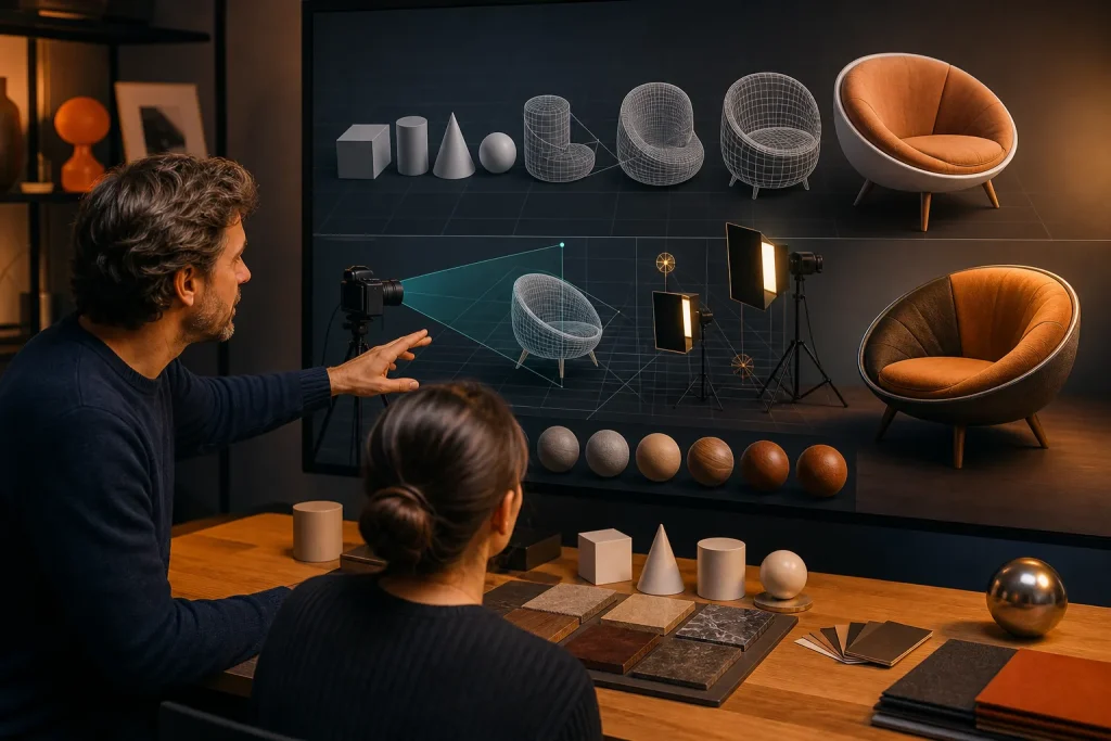 Modeladores desarrollan un objeto desde formas básicas hasta materiales e iluminación.