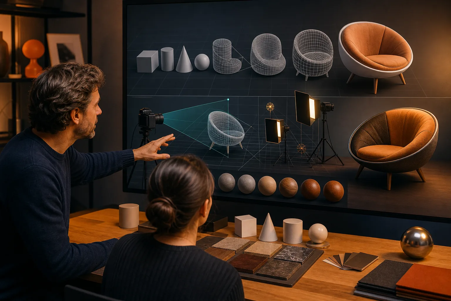 Modeladores desarrollan un objeto desde formas básicas hasta materiales e iluminación.