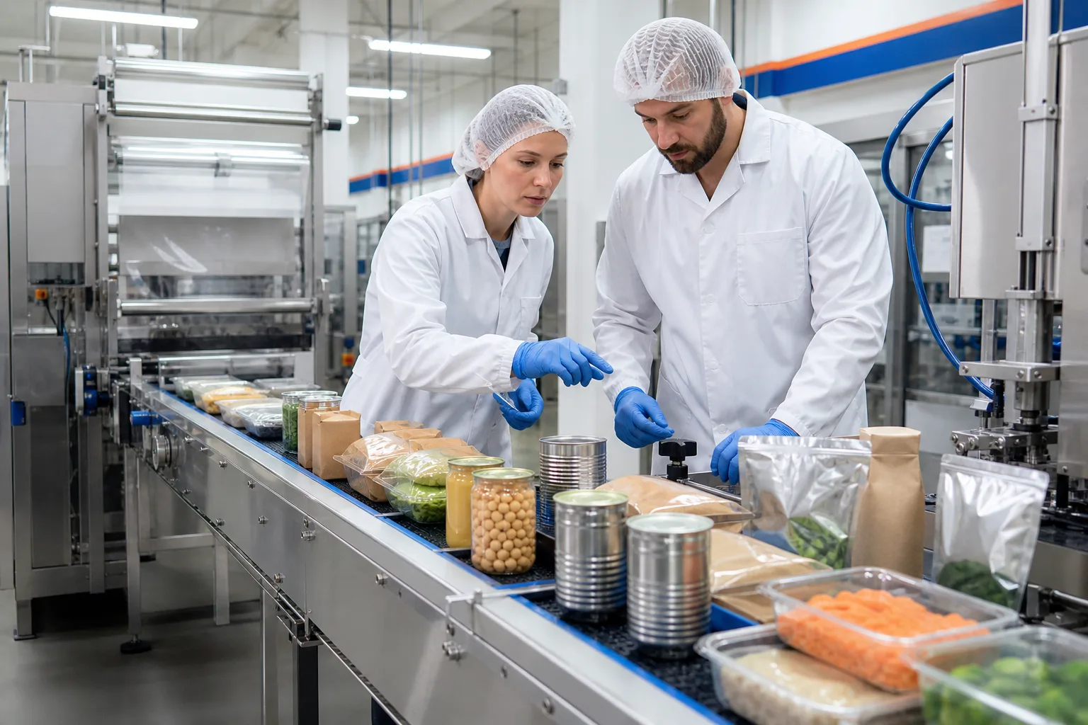 Técnicos inspeccionan distintos envases alimentarios en una línea de sellado.
