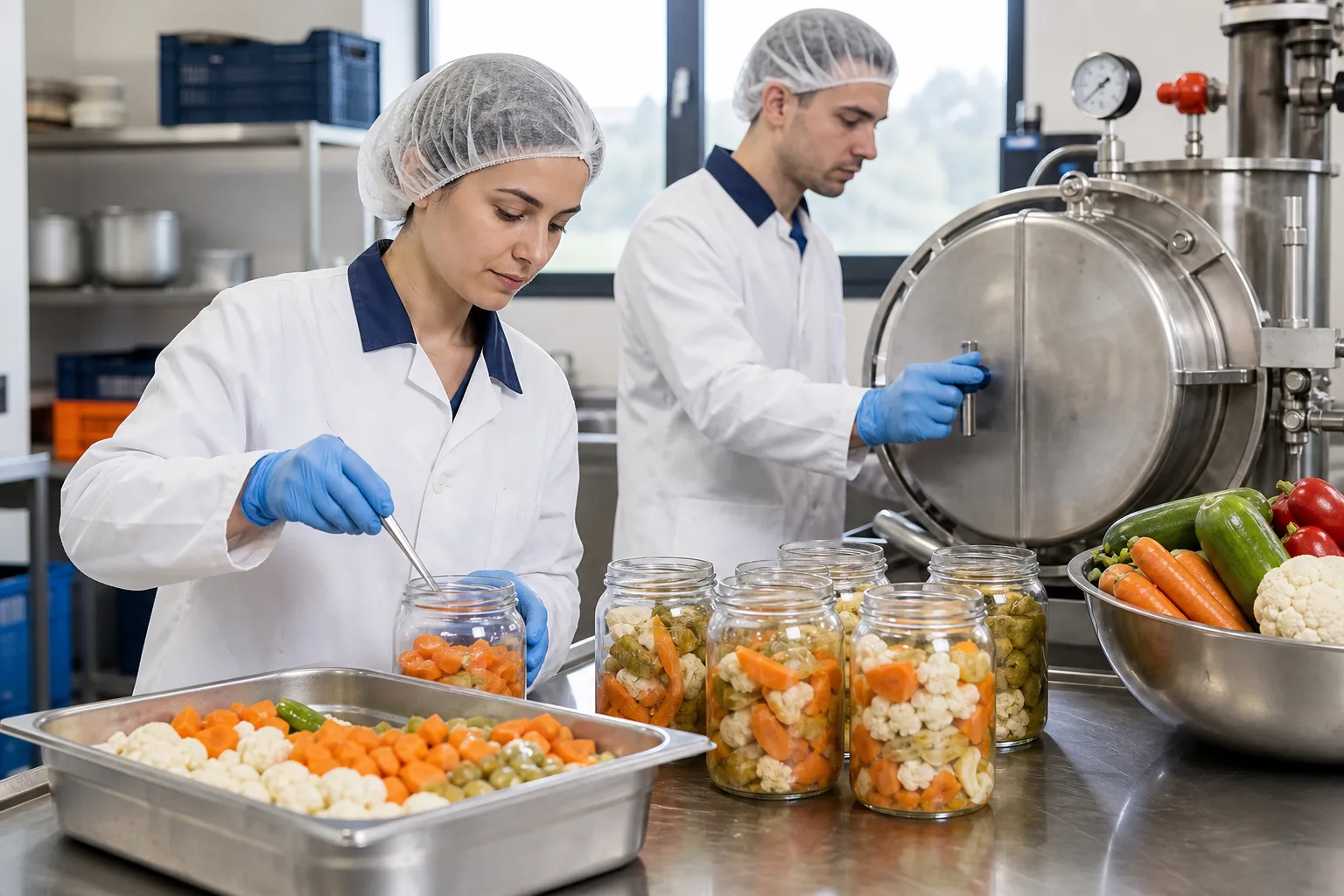 Técnicos preparan conservas vegetales y controlan su esterilización y cierre.