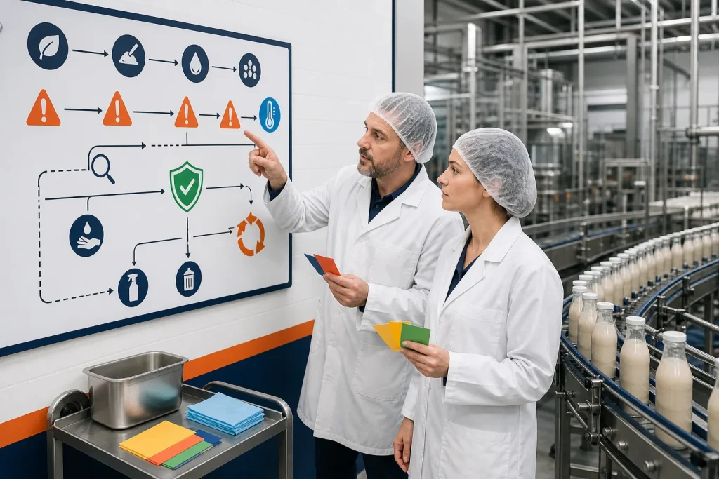 Responsables identifican peligros y puntos de control en una línea alimentaria.