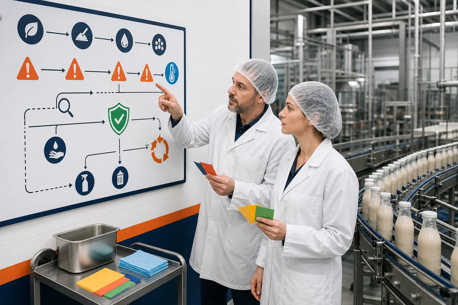 Responsables identifican peligros y puntos de control en una línea alimentaria.