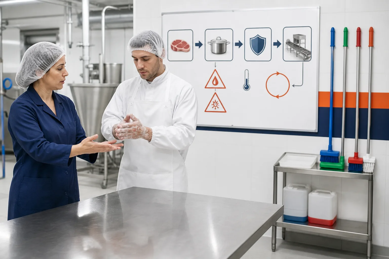 Trabajadores aplican higiene y control de peligros en una zona de producción alimentaria.
