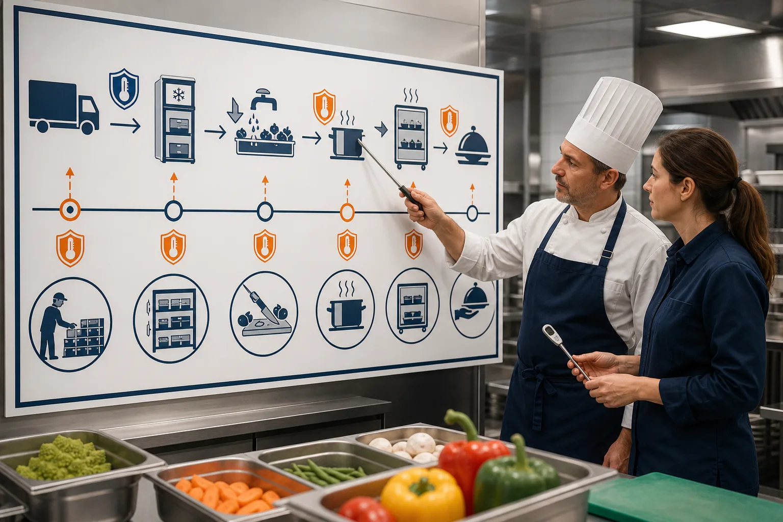 Especialistas sitúan puntos críticos y vigilancia en el flujo de una cocina profesional.