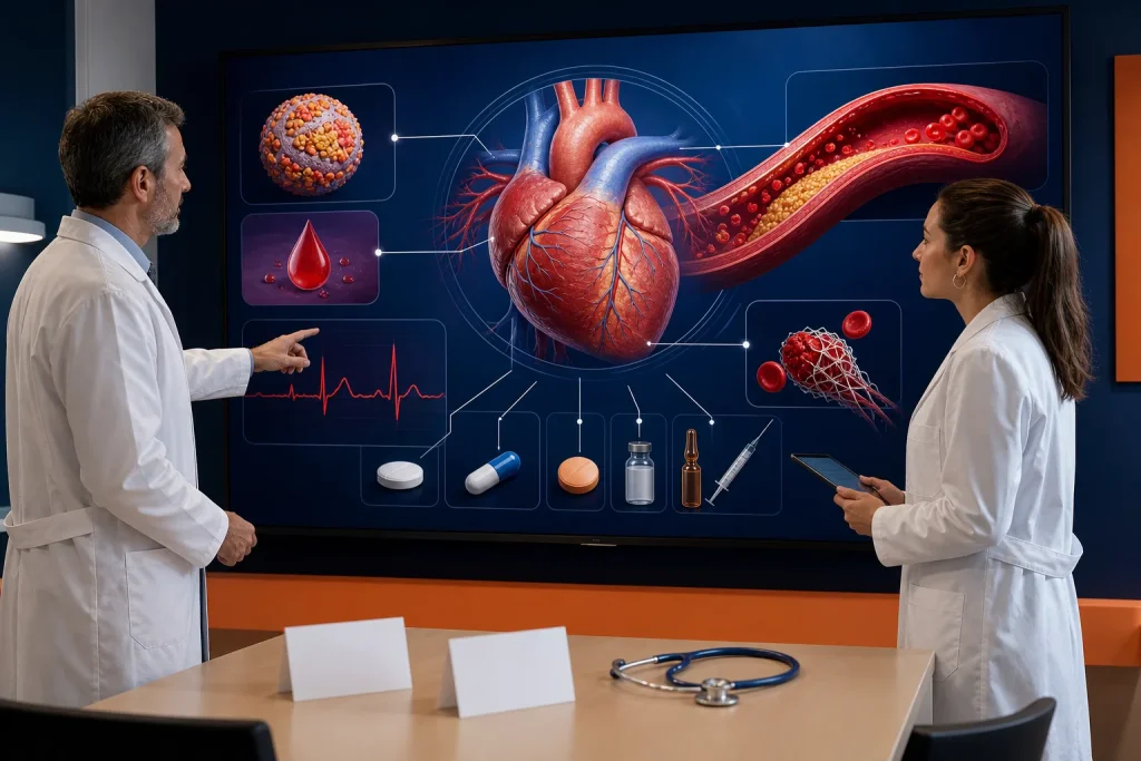 Profesionales sanitarios revisan tratamientos y procesos de riesgo cardiovascular.