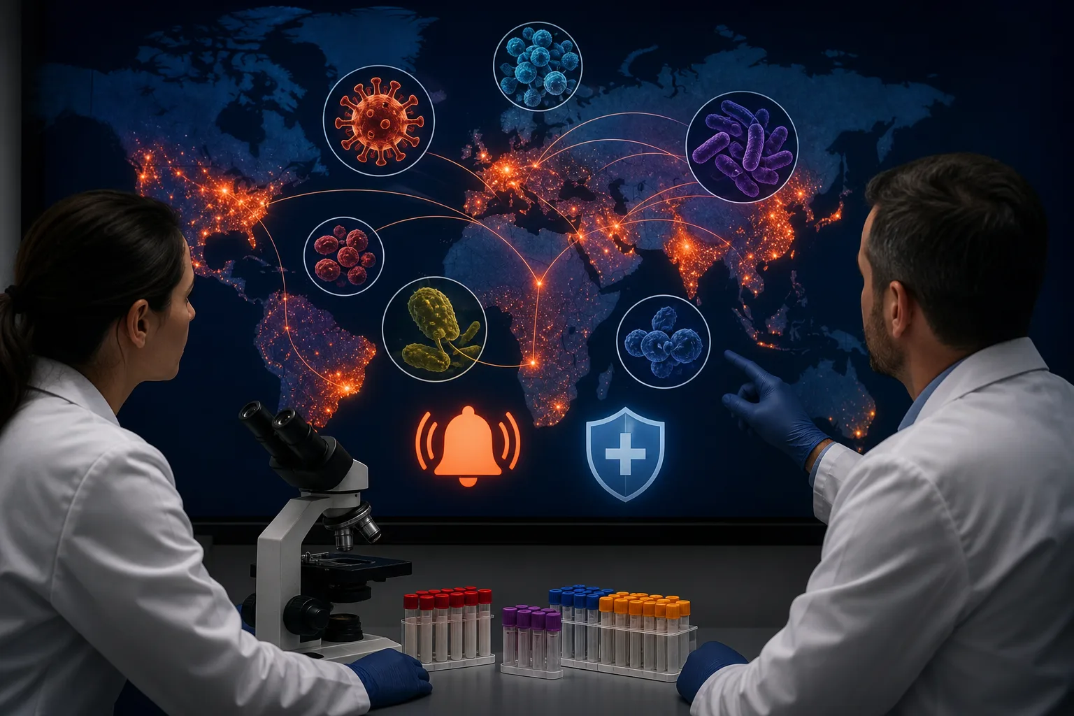 Epidemiólogos analizan focos y rutas de propagación en un mapa sanitario mundial.