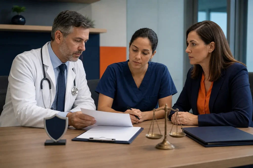 Equipo sanitario y asesora legal revisan un caso con consentimiento y confidencialidad.