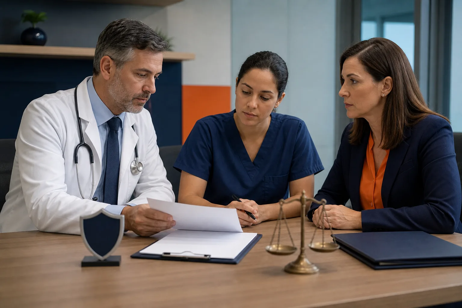 Equipo sanitario y asesora legal revisan un caso con consentimiento y confidencialidad.