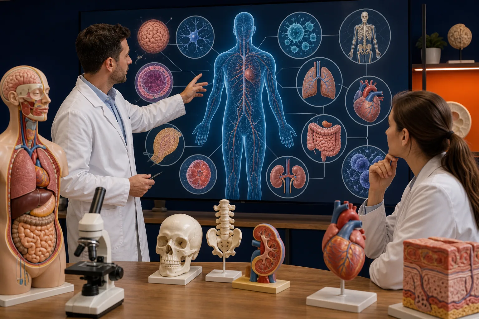 Profesionales estudian la organización anatómica y los principales sistemas del cuerpo humano.