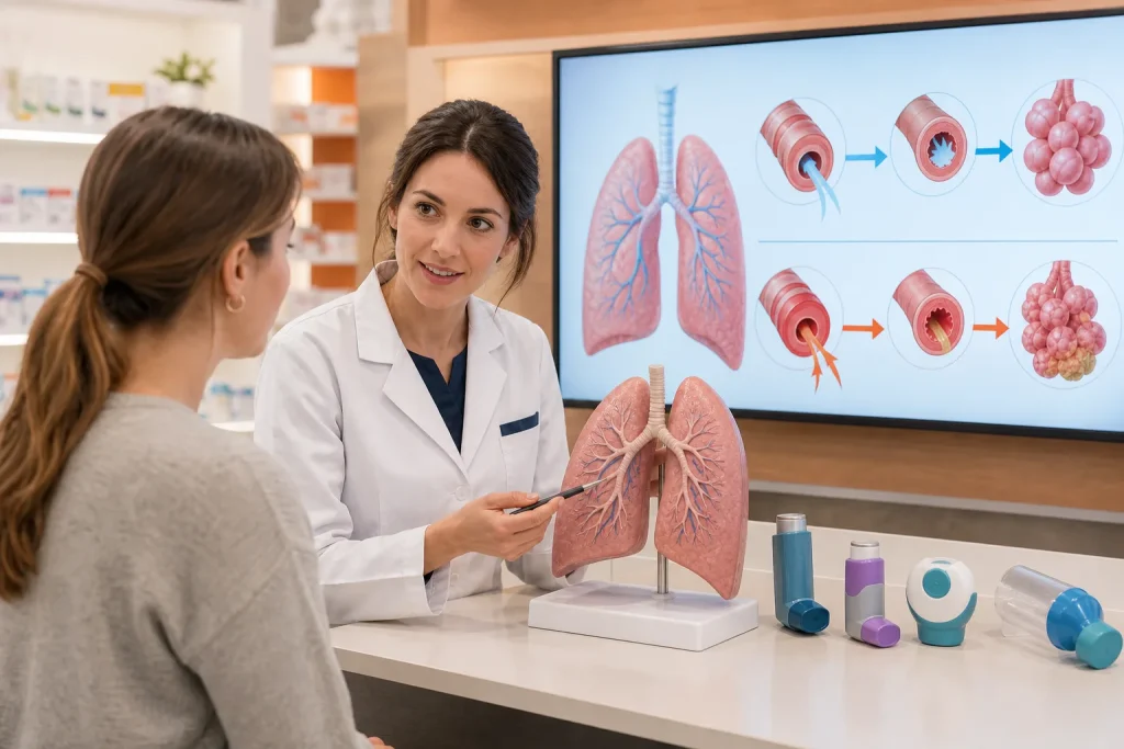 Farmacéutica explica el funcionamiento pulmonar y el uso de dispositivos de inhalación.