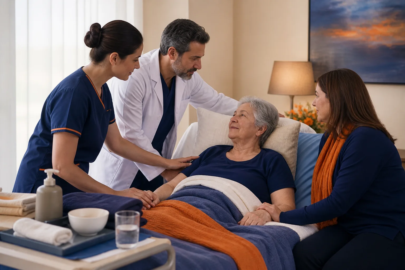 Equipo sanitario y familiar ofrecen confort y acompañamiento a una persona mayor.