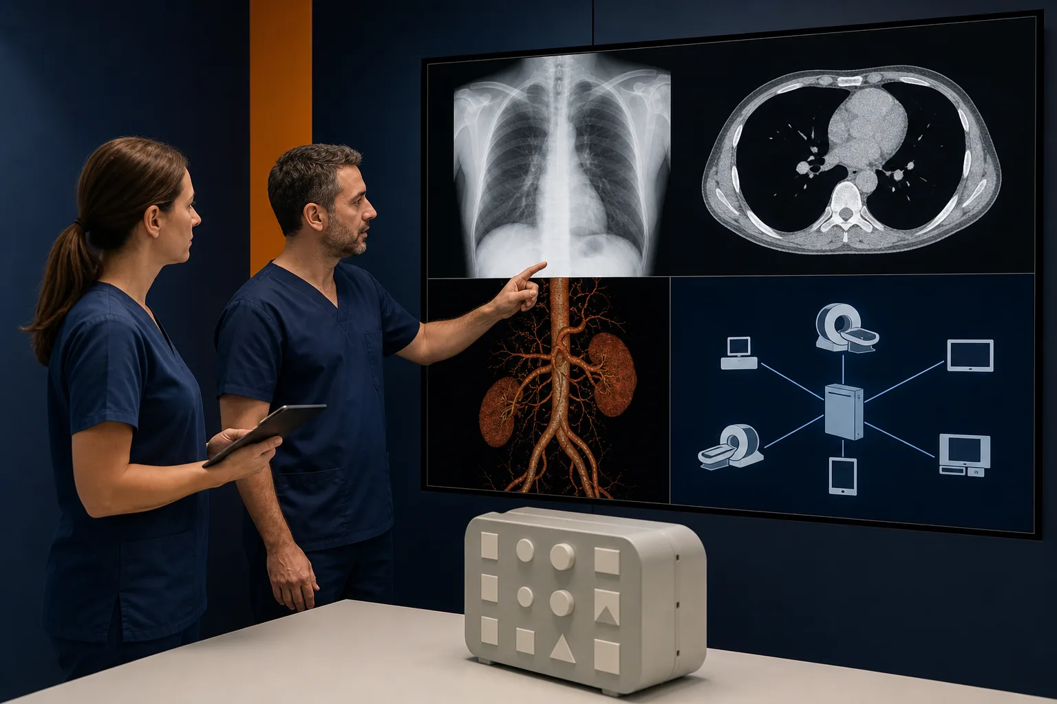 Profesionales revisan radiografía, tomografía y reconstrucción vascular en una red diagnóstica.
