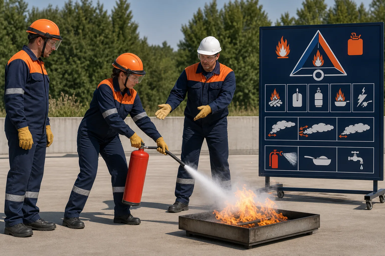 Trabajadores practican la extinción segura de un fuego controlado con supervisión.
