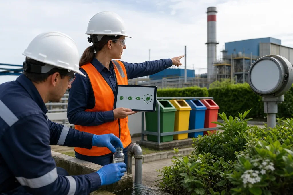 Auditores inspeccionan agua, residuos y emisiones en una instalación industrial.