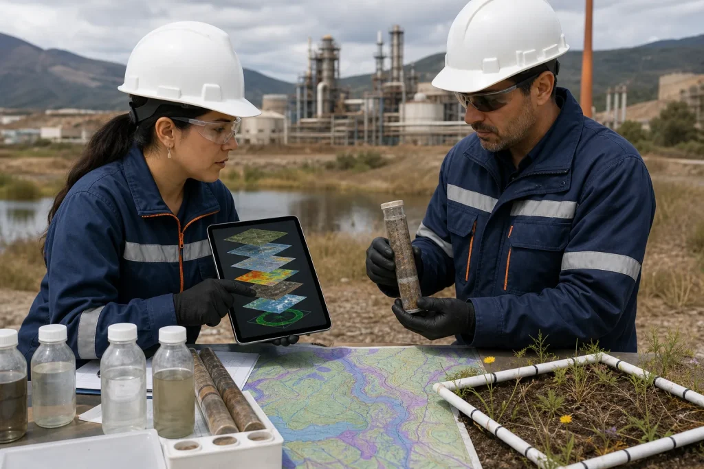 Consultores evalúan suelo, agua, biodiversidad e impactos junto a una planta industrial.