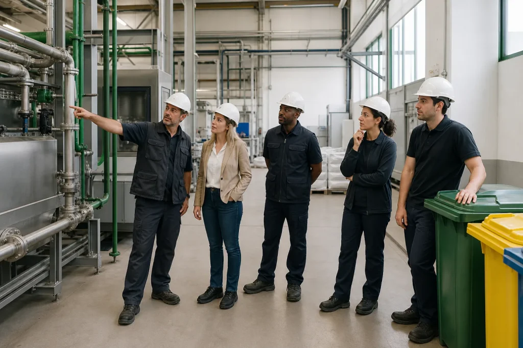 Equipo industrial revisa mejoras para implantar un sistema de gestión ambiental en la empresa.