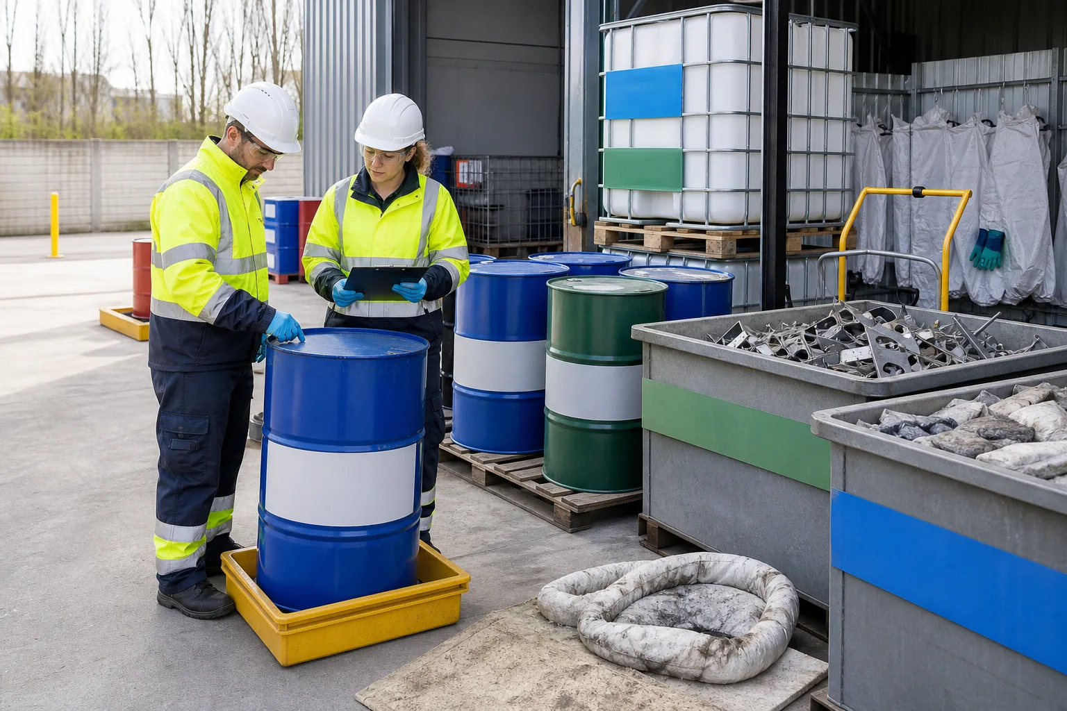 Técnicos inspeccionan y separan residuos industriales con medidas de contención y seguridad.