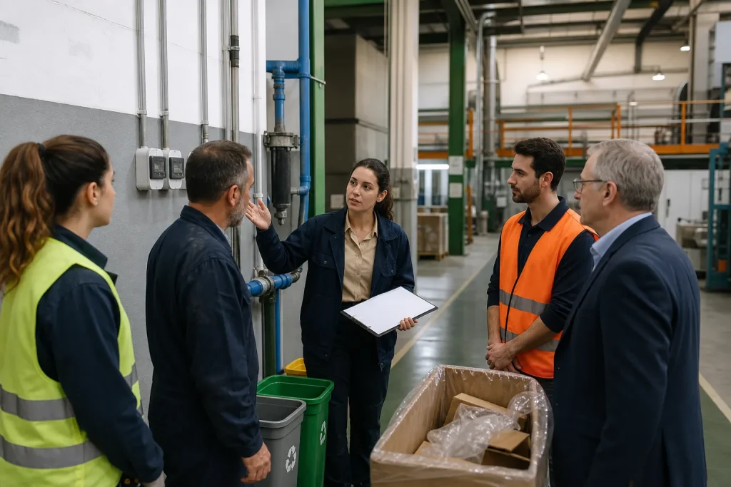 Empleados recorren una fábrica para mejorar la gestión ambiental de sus procesos.