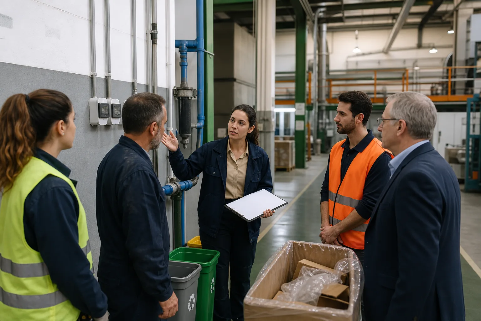 Empleados recorren una fábrica para mejorar la gestión ambiental de sus procesos.
