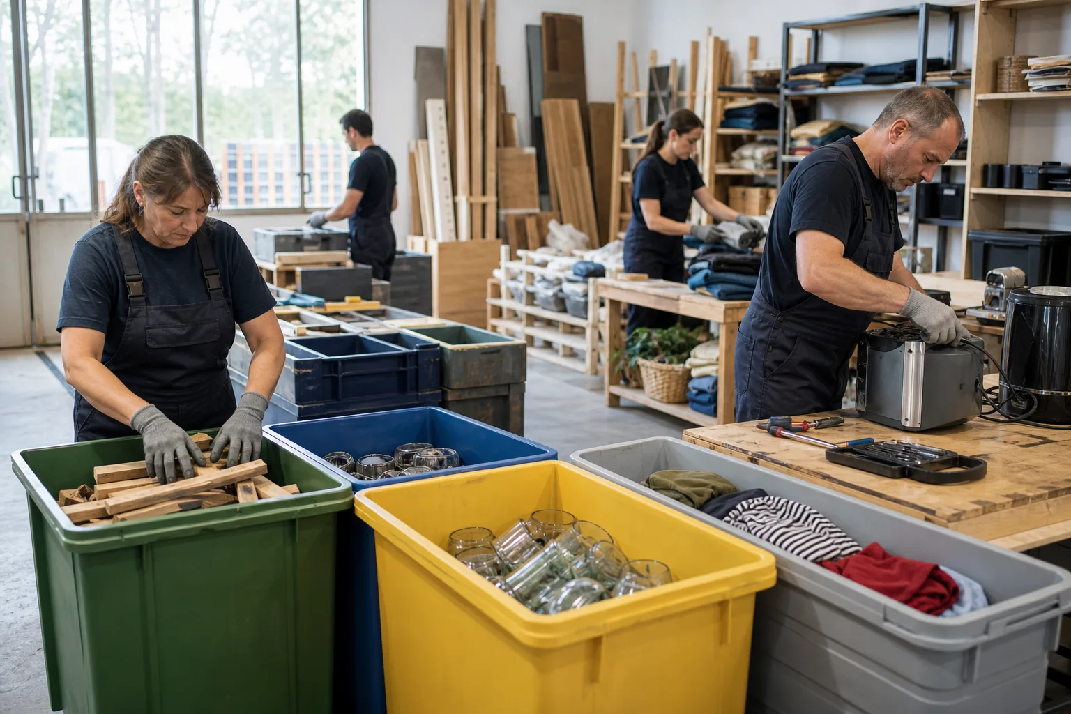 Profesionales clasifican materiales y reparan equipos para fomentar la reutilización de recursos.