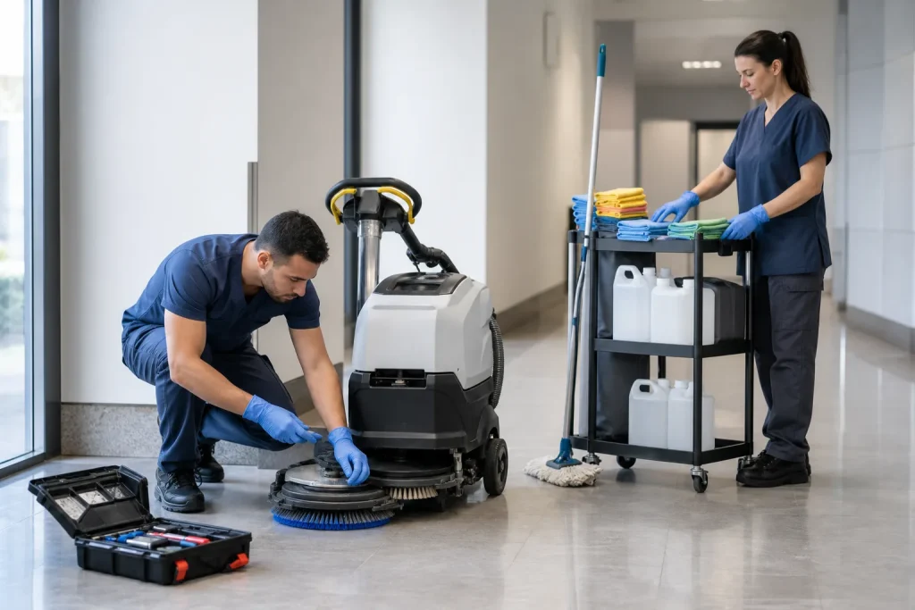 Personal de limpieza revisa una fregadora y organiza materiales para mantener una instalación.