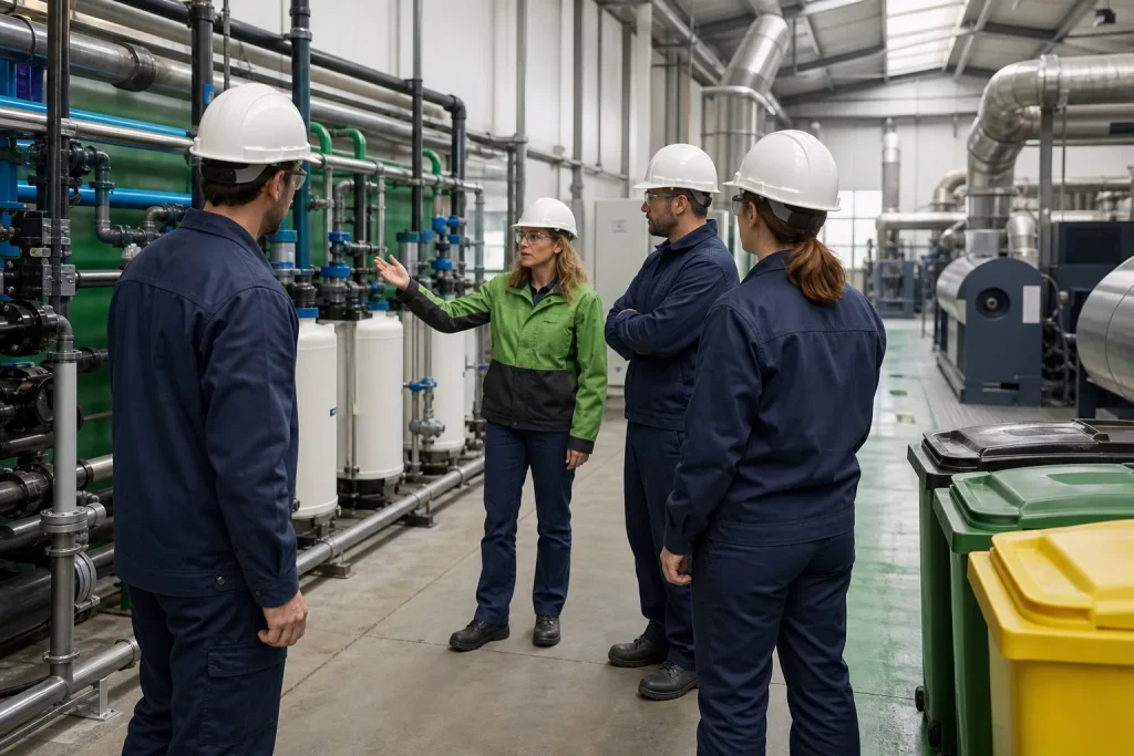 Equipo industrial inspecciona procesos para implantar y verificar la gestión ambiental.