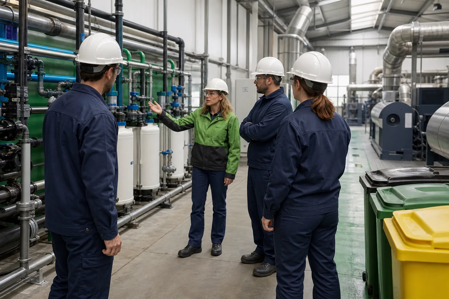 Equipo industrial inspecciona procesos para implantar y verificar la gestión ambiental.