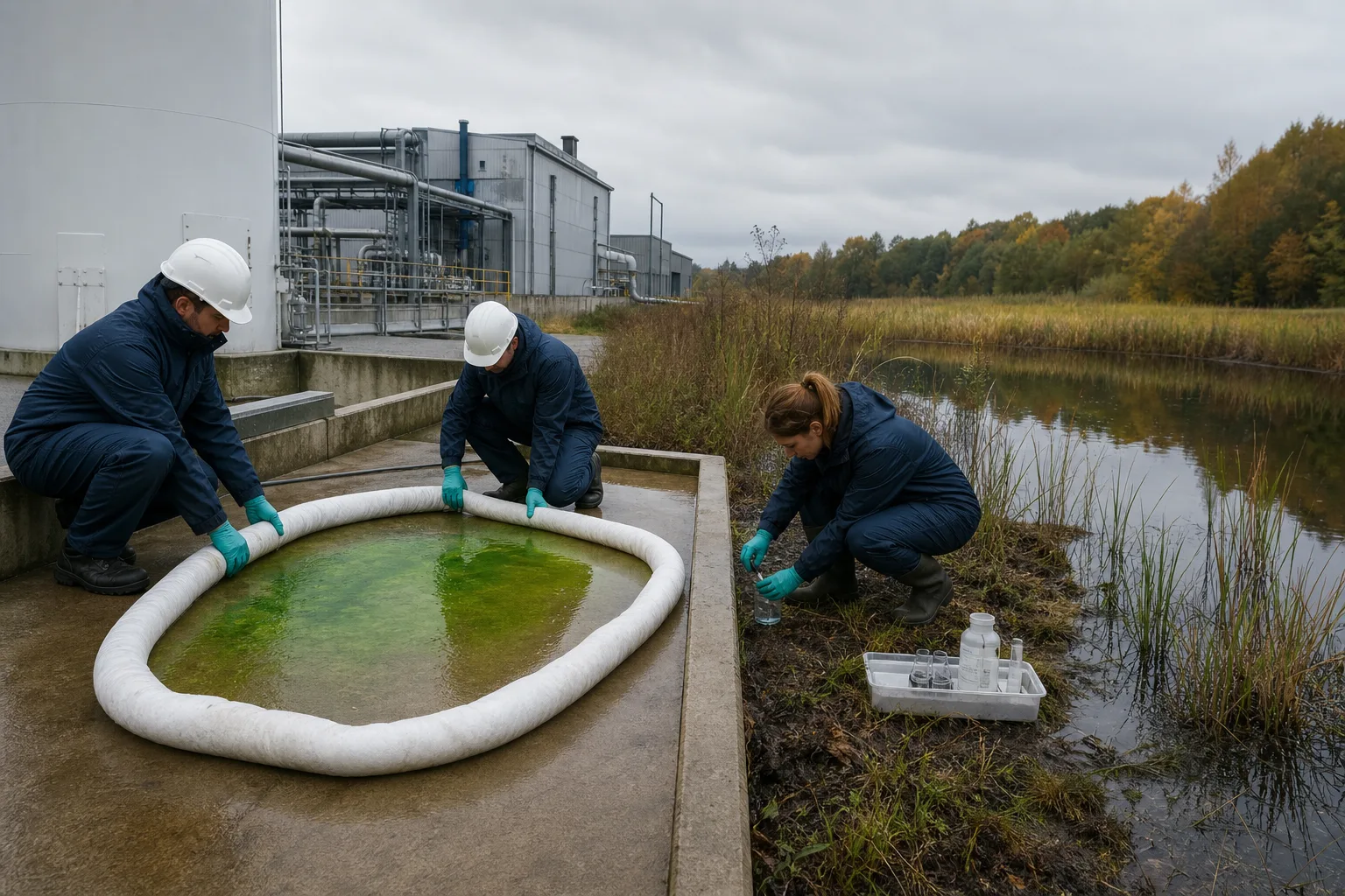 Equipo ambiental contiene un vertido simulado y toma muestras junto a un humedal.