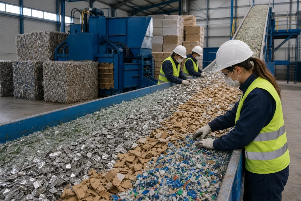 Operarios separan vidrio, metales, cartón y plástico triturado en una planta de reciclaje.