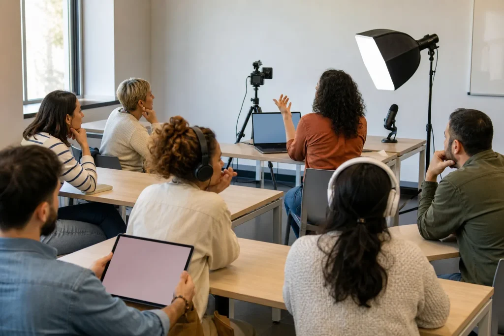 Docentes aprenden a preparar cámaras, audio y dispositivos para impartir teleformación.